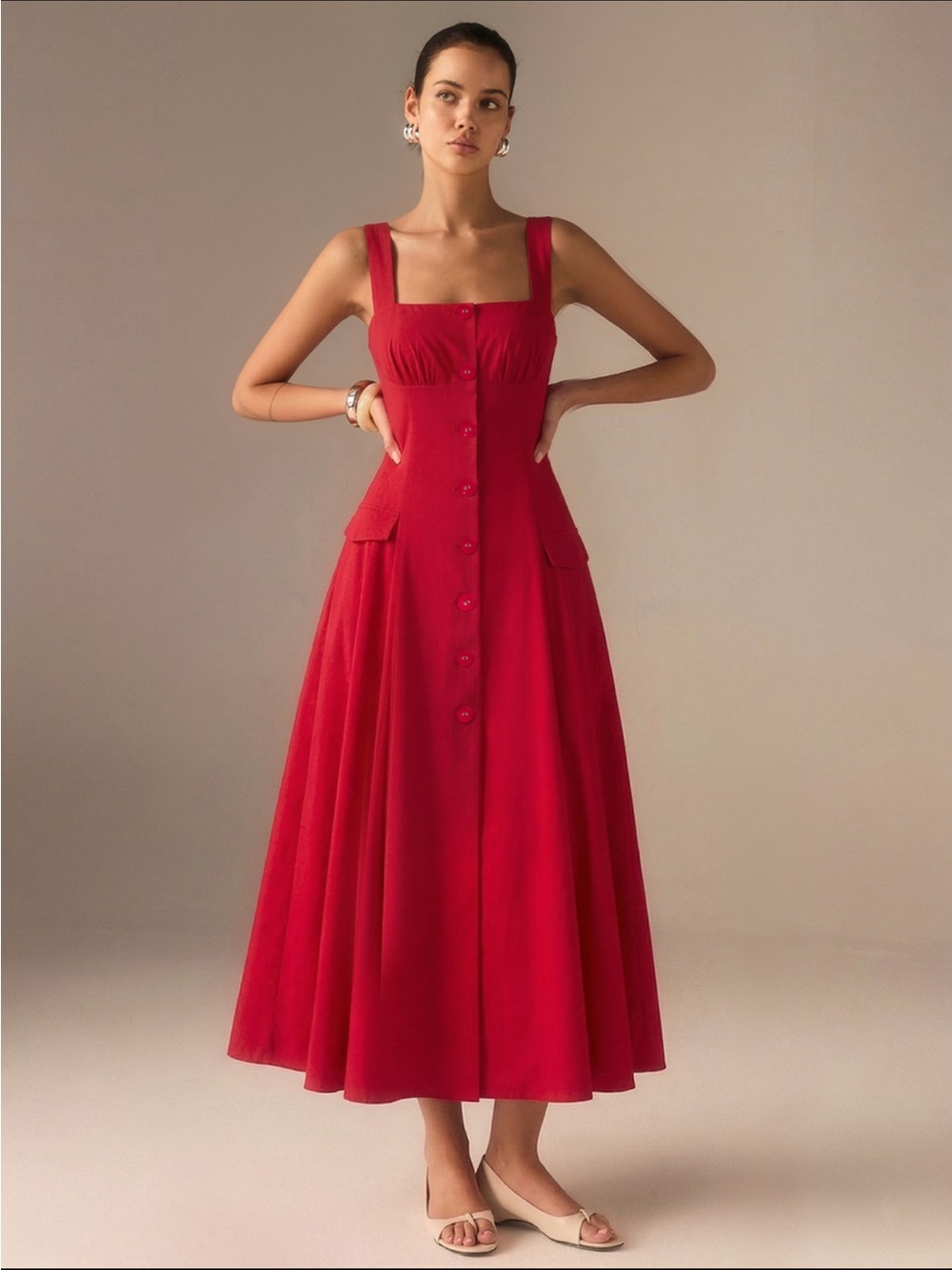 Commense Red Button-Front Midi Dress with Square Neck and Pockets